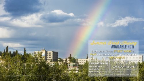 Flyer, contains same basic info as announcement, superimposed over campus shot during summer, with a rainbow.