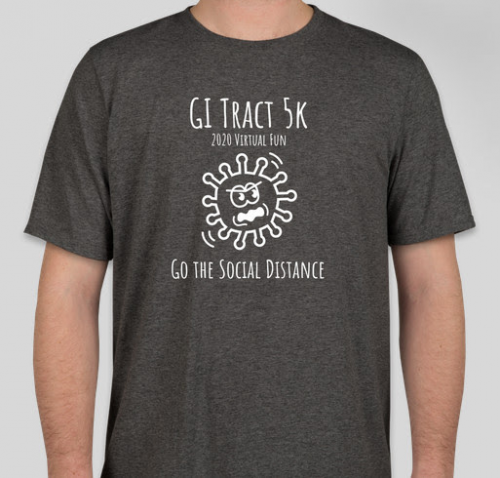 Person wearing T-shirt that says "GI Tract 5k 2020 virtual run. Go the social distance"