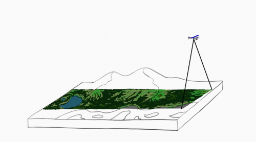 A line drawing, apparently from hyperspectral imaging, showing a small plane flying over a mountain and tundra landscape