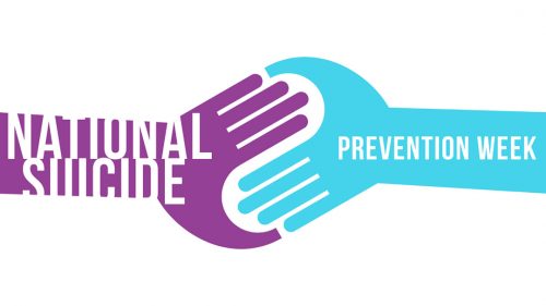 graphic image of two hands reaching to each other; words "National suicide prevention week" are written along the forearms and hands