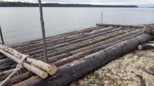 A wood raft used to transport firewood sits on the banks of the Yukon River near Tanana. Photo by Amanda Byrd.