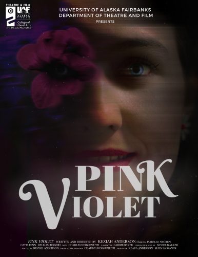 Poster for Pink Violet. Shows woman's face with a violet over one eye.