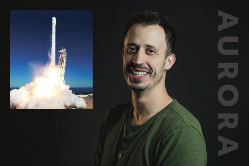 Head shot of man next to photo of a rocket launch
