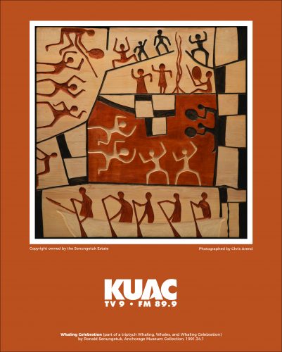 Poster with "KUAC TV 9 FM 89.9" on it and picture of artwork featuring figures dancing, playing drums and paddling an umiak