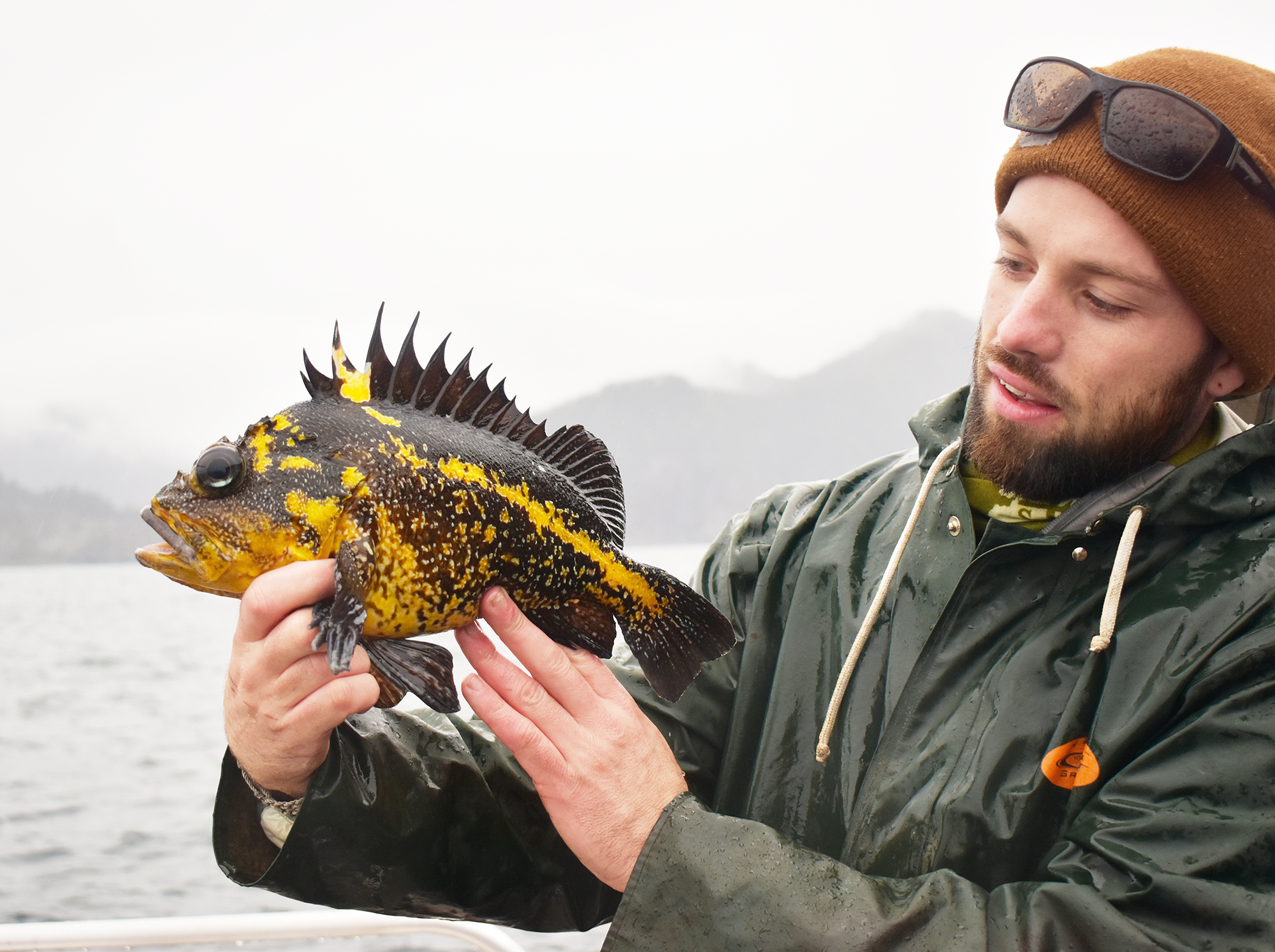 Kyle Gatt holds a rockfish.
