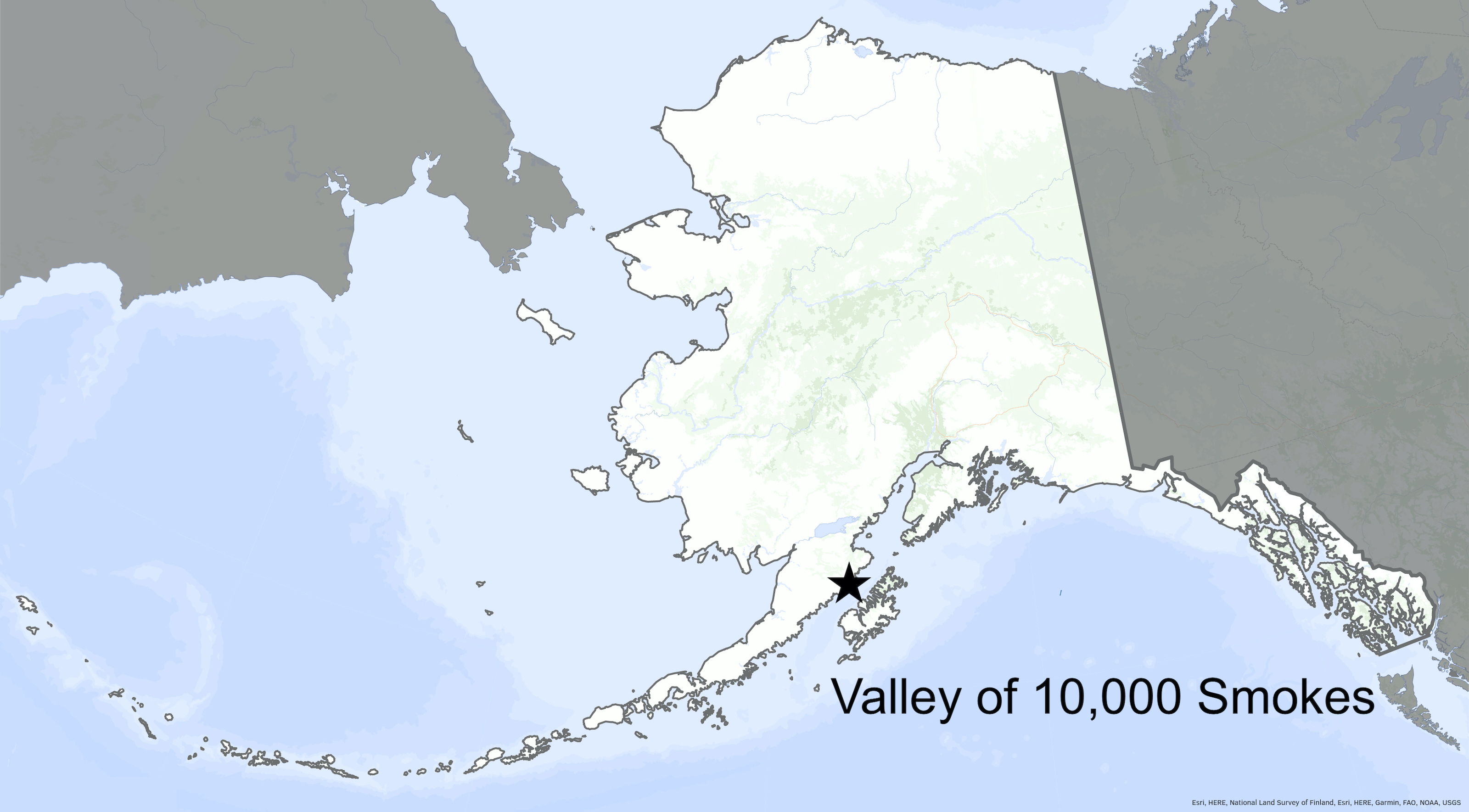 A star on a map indicates the location of the Valley of 10,000 Smokes on the Alaska Peninsula in southwestern Alaska.