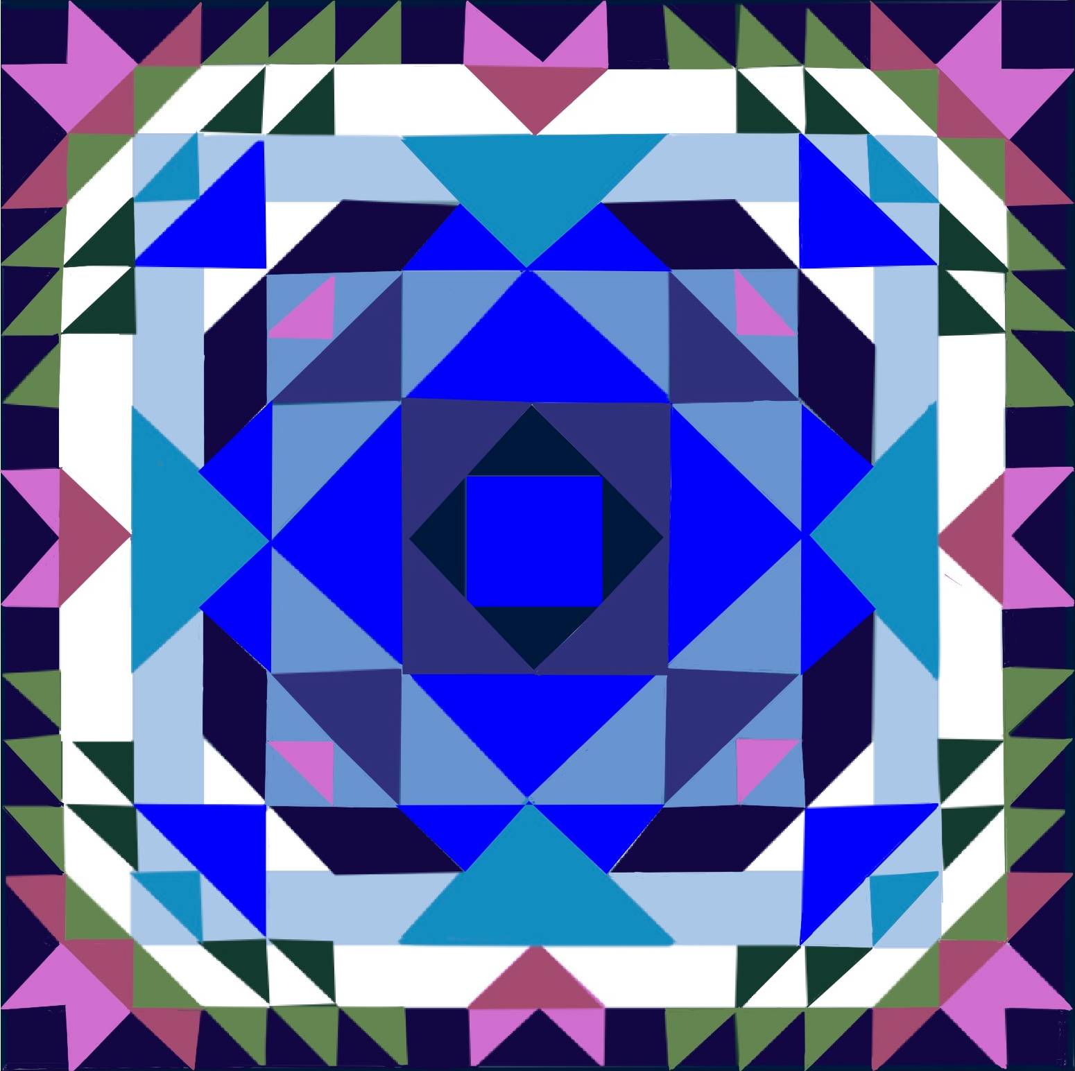 A quilted square with vibrant blue and purple shapes.