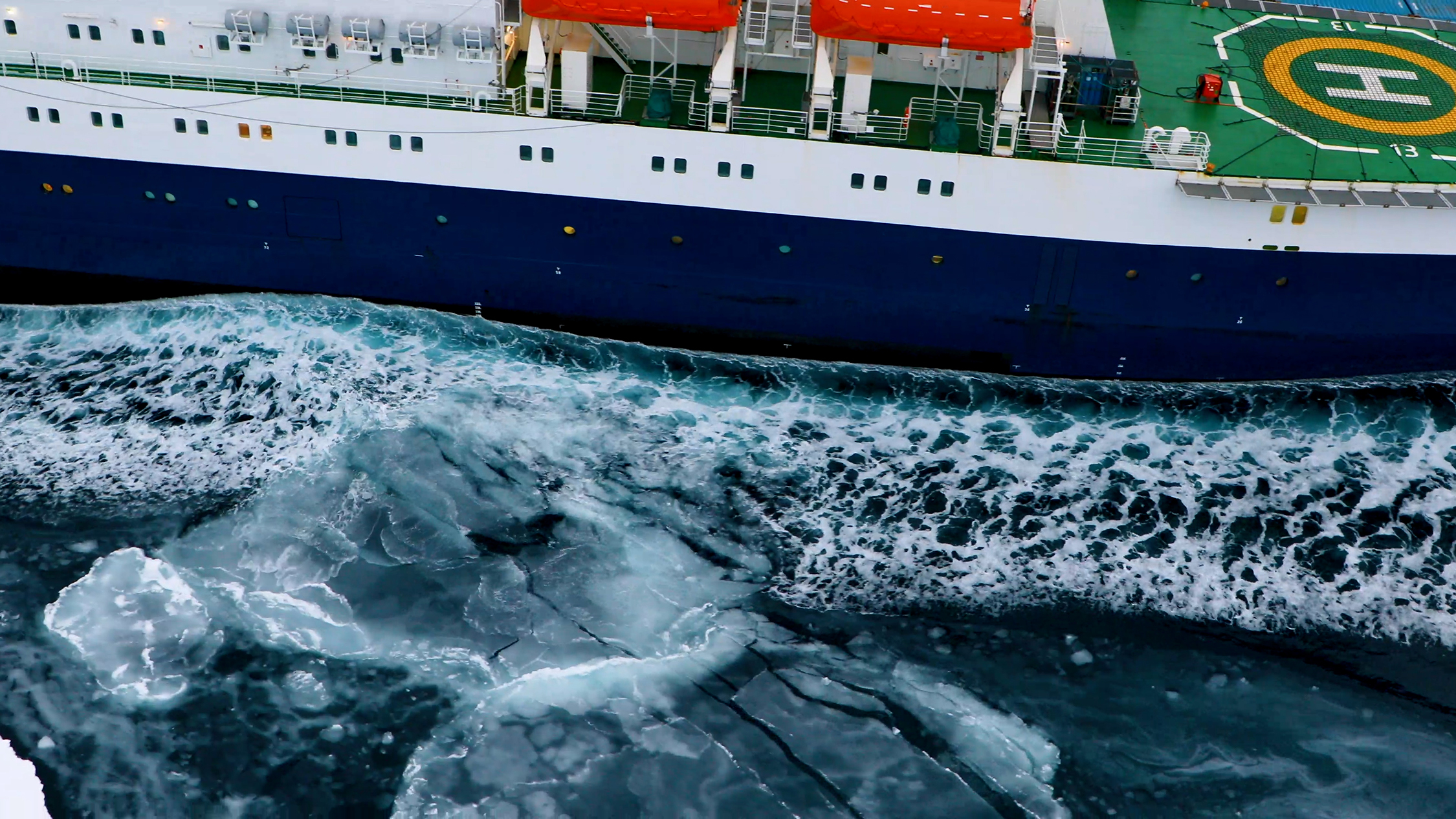 The research vessel Polerstern moves through icy waters in the Arctic Ocean.