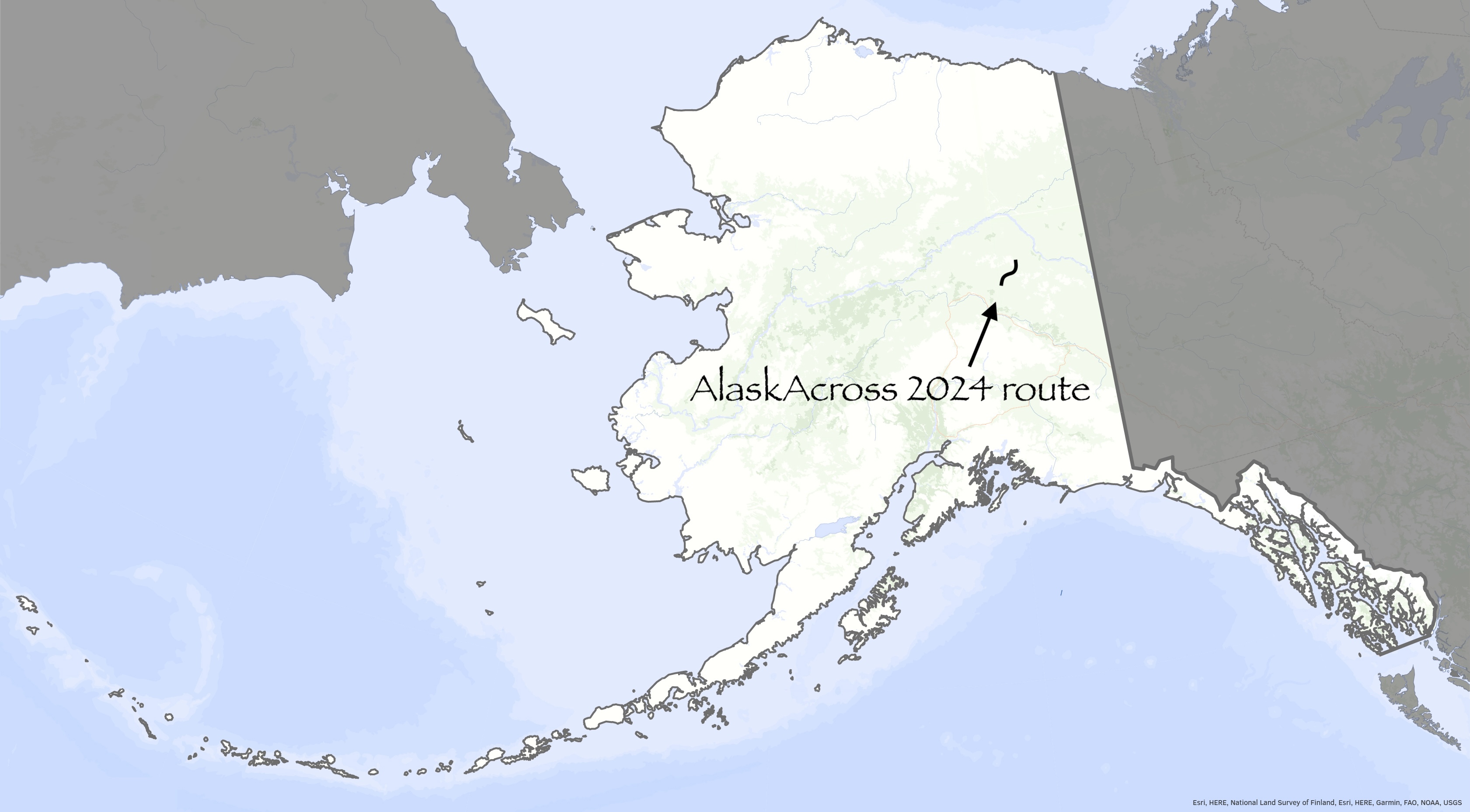 A map of Alaska features a line showing the approximate route of the AlaskAcross 2024.