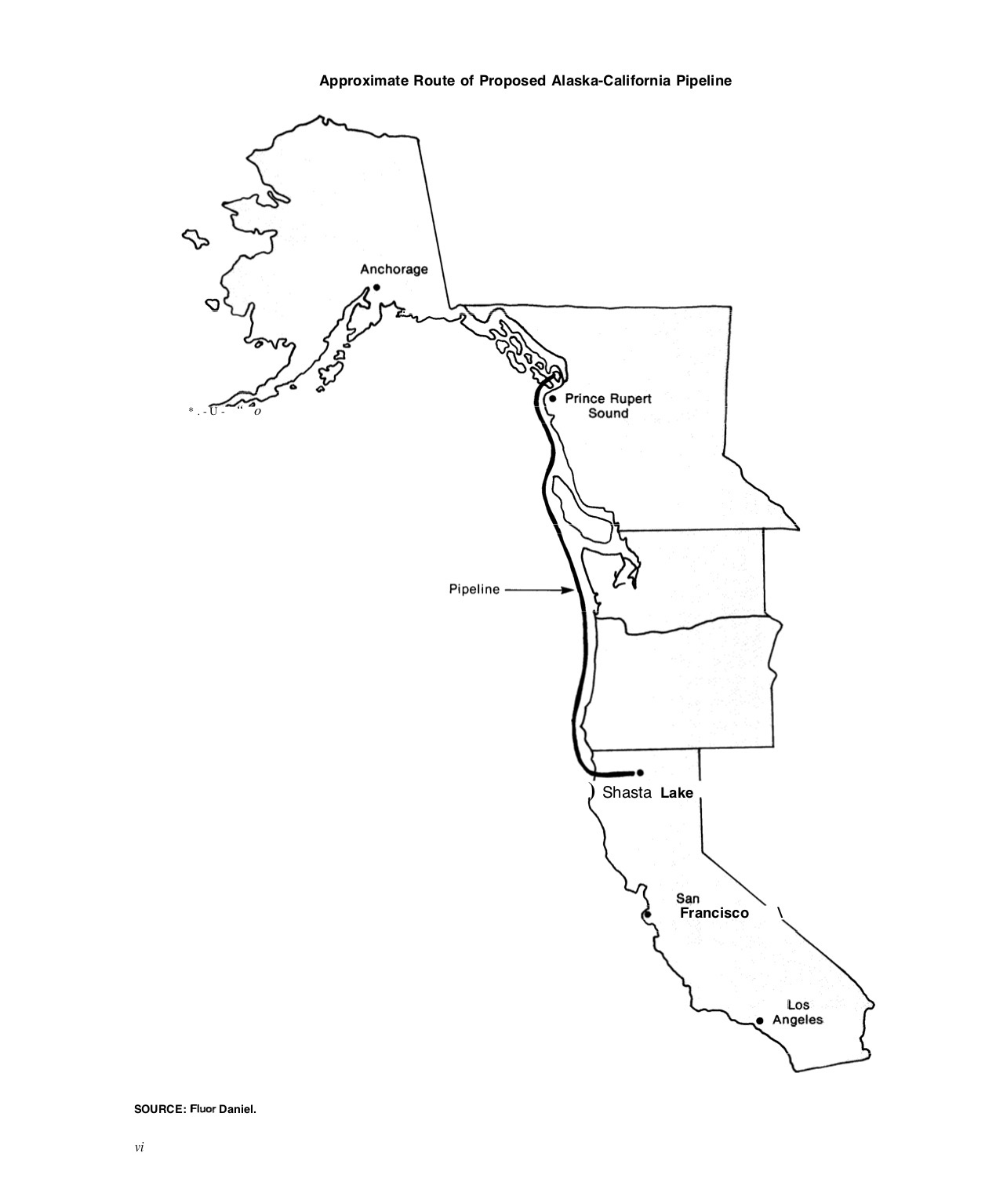 A simple black and white line map of North America's Pacific Ocean coast shows the route of a proposed water pipeline from Southeast Alaska to Shasta Lake in northern California.