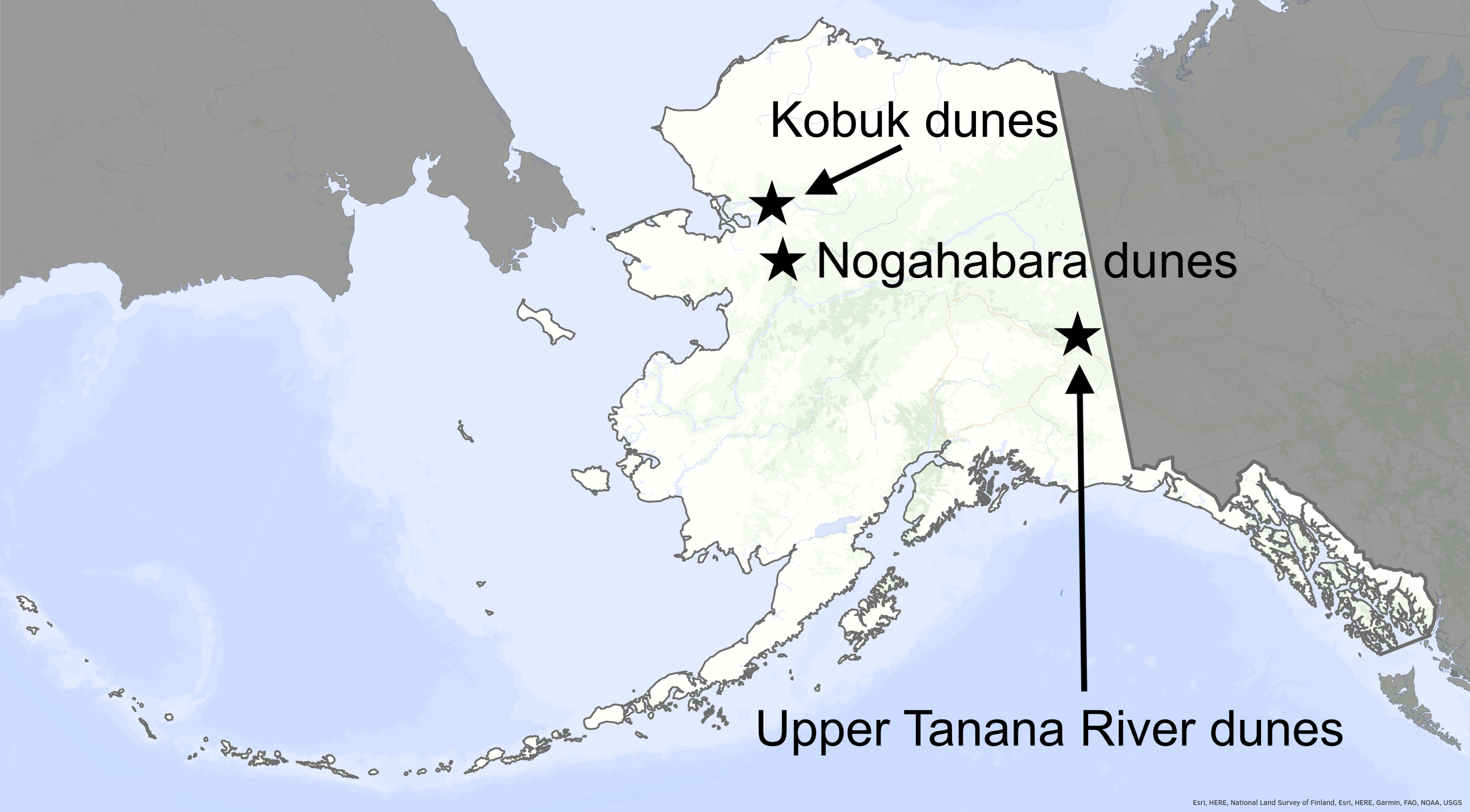 A map shows the location of sand dunes in Alaska