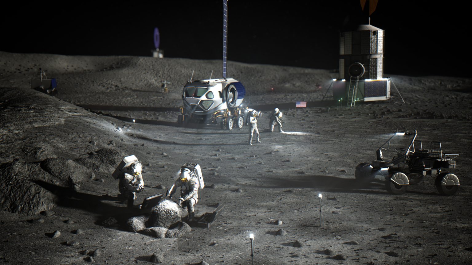 Illustration of astronauts on moon's surface.
