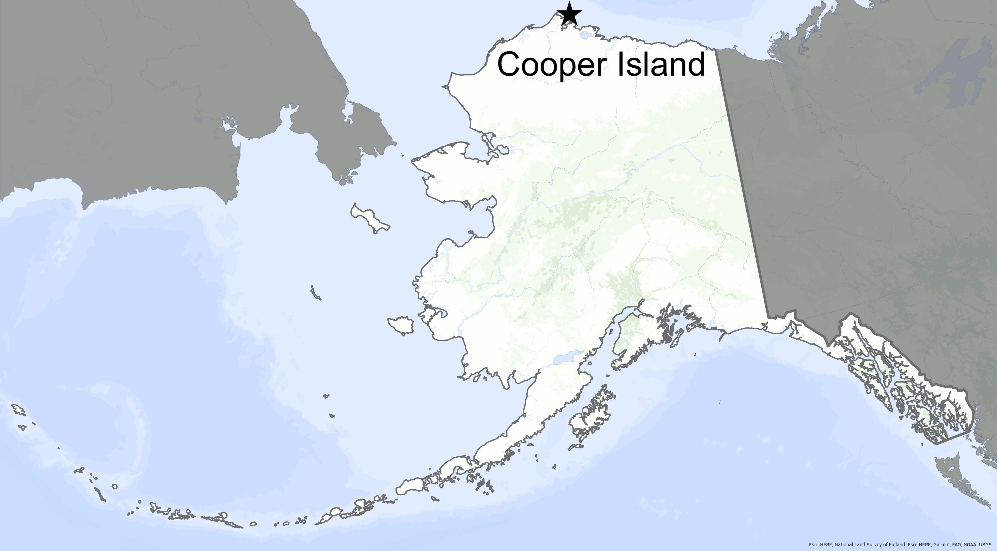 A map of Alaska shows the location of Cooper Island off the northern coast.