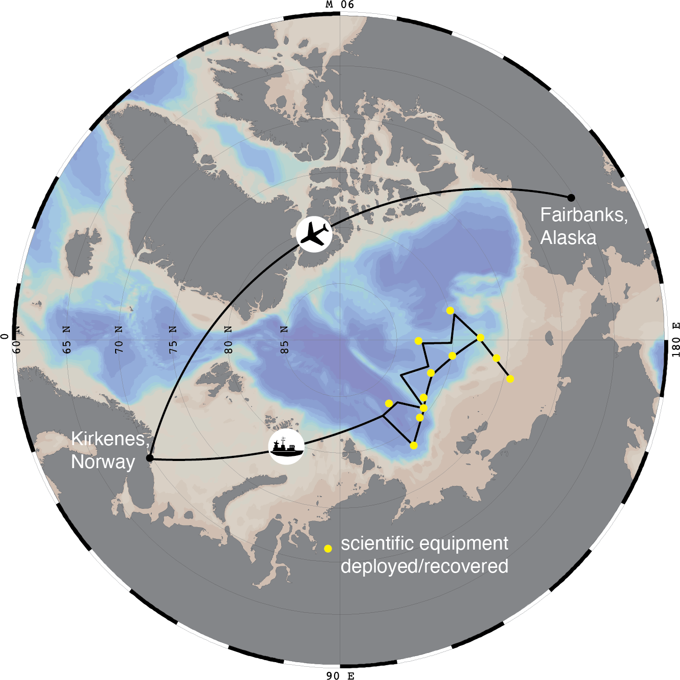 The black line describes the expected NABOS 2021 expedition route. University of Alaska Fairbanks researchers flew to Kirkenes, Norway, where they quarantined before joining international colleagues aboard the research vessel Akademik Tryoshnikov, headed to the eastern Arctic Ocean. 