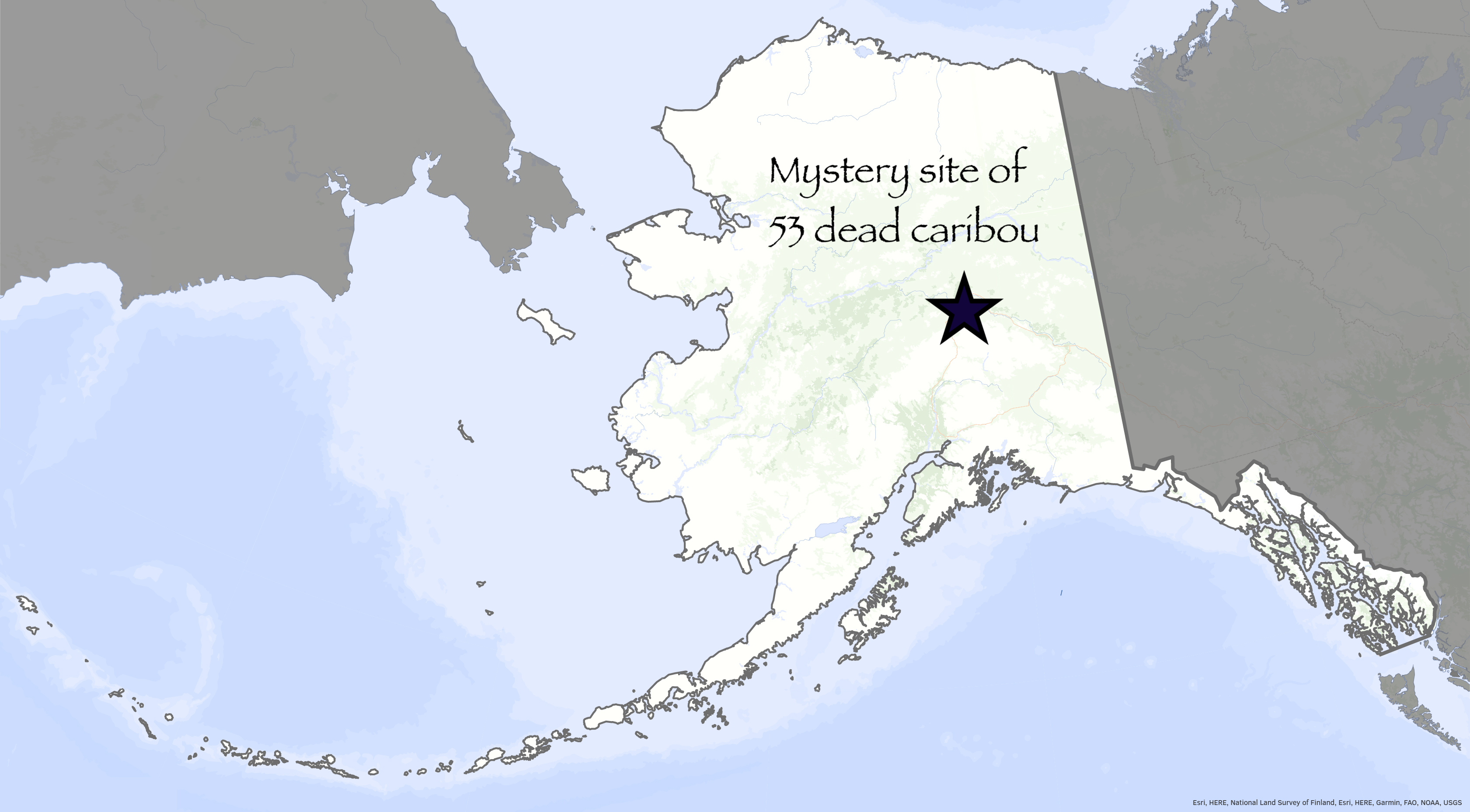 A star on a map of Alaska marks the site of the location where lightning probably killed dozens of caribou.