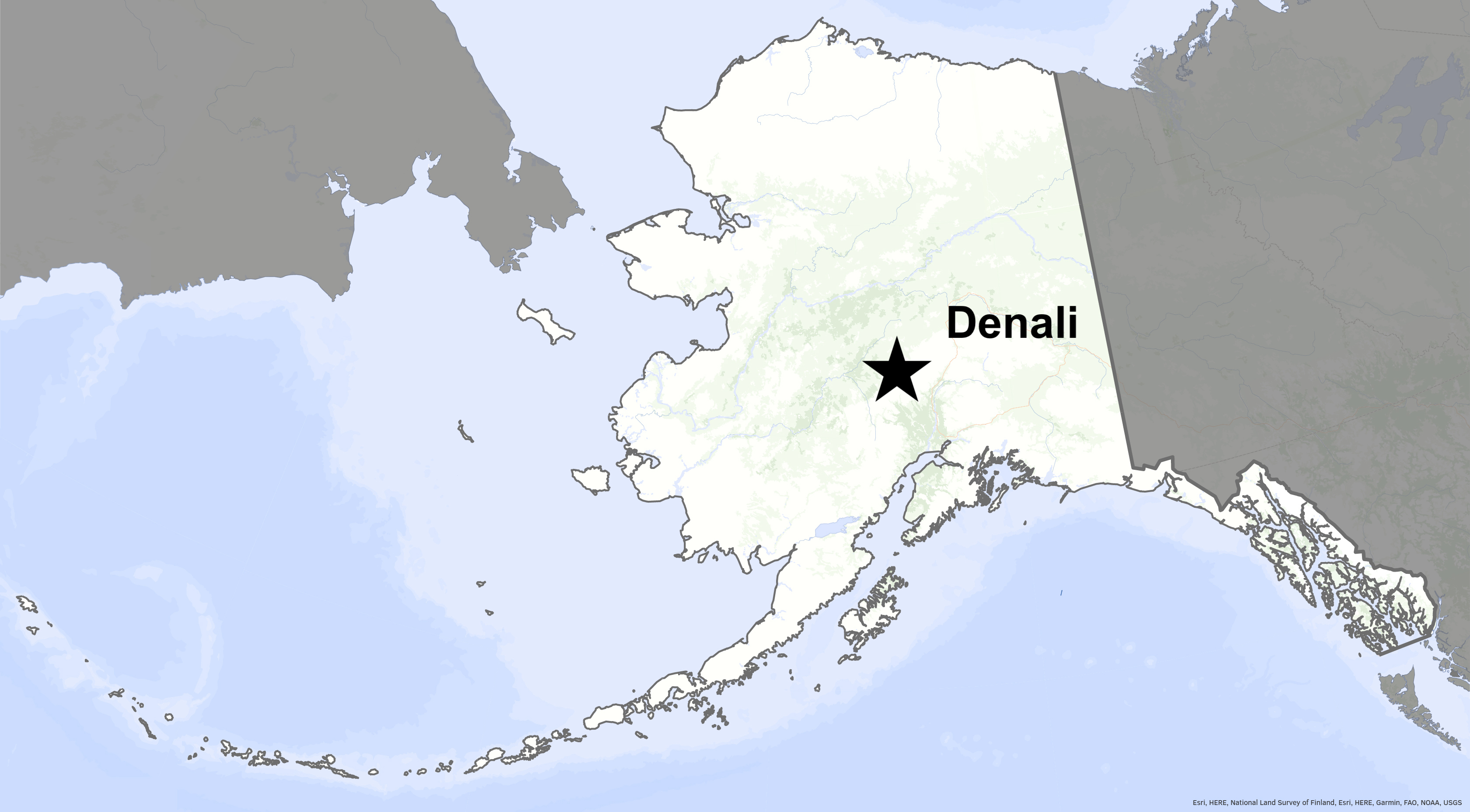 A star on a map of Alaska indicates the location of Denali.