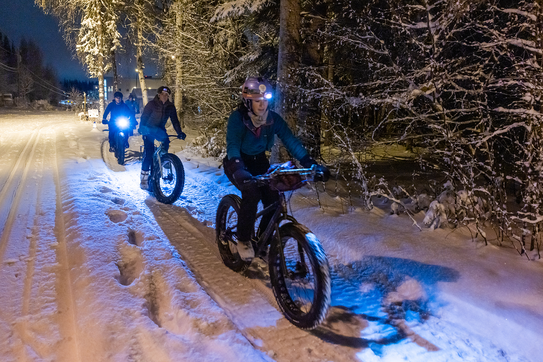 Riders gather for a guided fat bike ride on UAF campus trails, hosted by UAF Green Bikes and Student Leadership, Nov. 14, 2023.