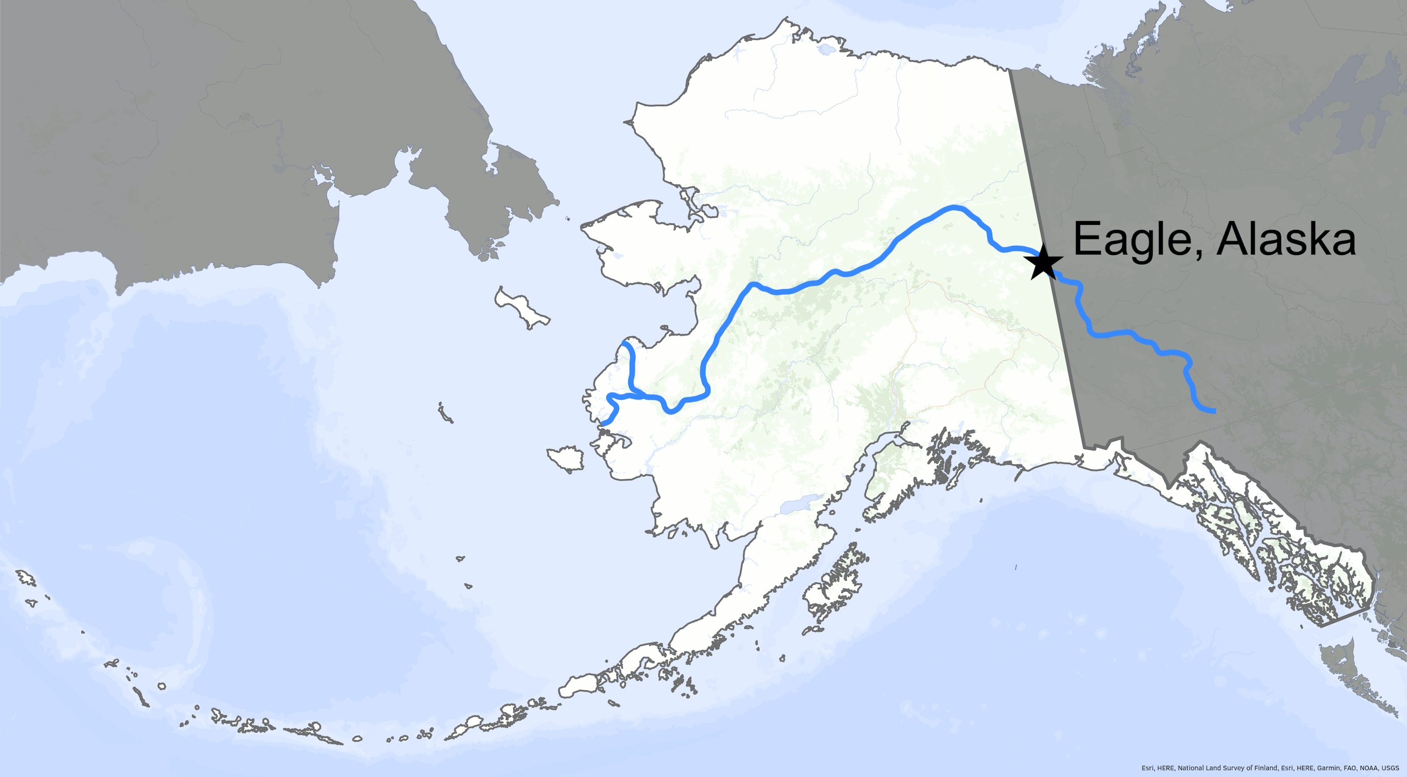 A map of Alaska shows the location of the town of Eagle, near the border with Canada, and the course of the Yukon River through the state.