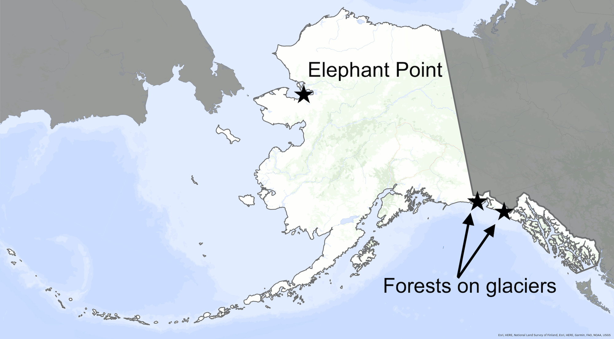 An Alaska map with markings for the locations of Elephant Point in northwestern Alaska and two glaciers in southern Alaska.