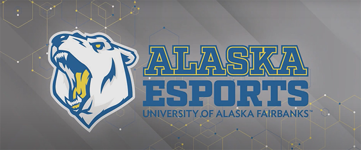 Esports nanook logo on a gray background with Alaska Esports in large blue text and University of Alaska Fairbanks text underneath