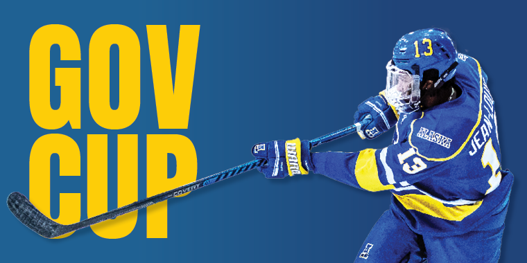 Nanooks Hockey player shooting the puck overlaid on a blue background with the words Gov Cup in yellow bold text