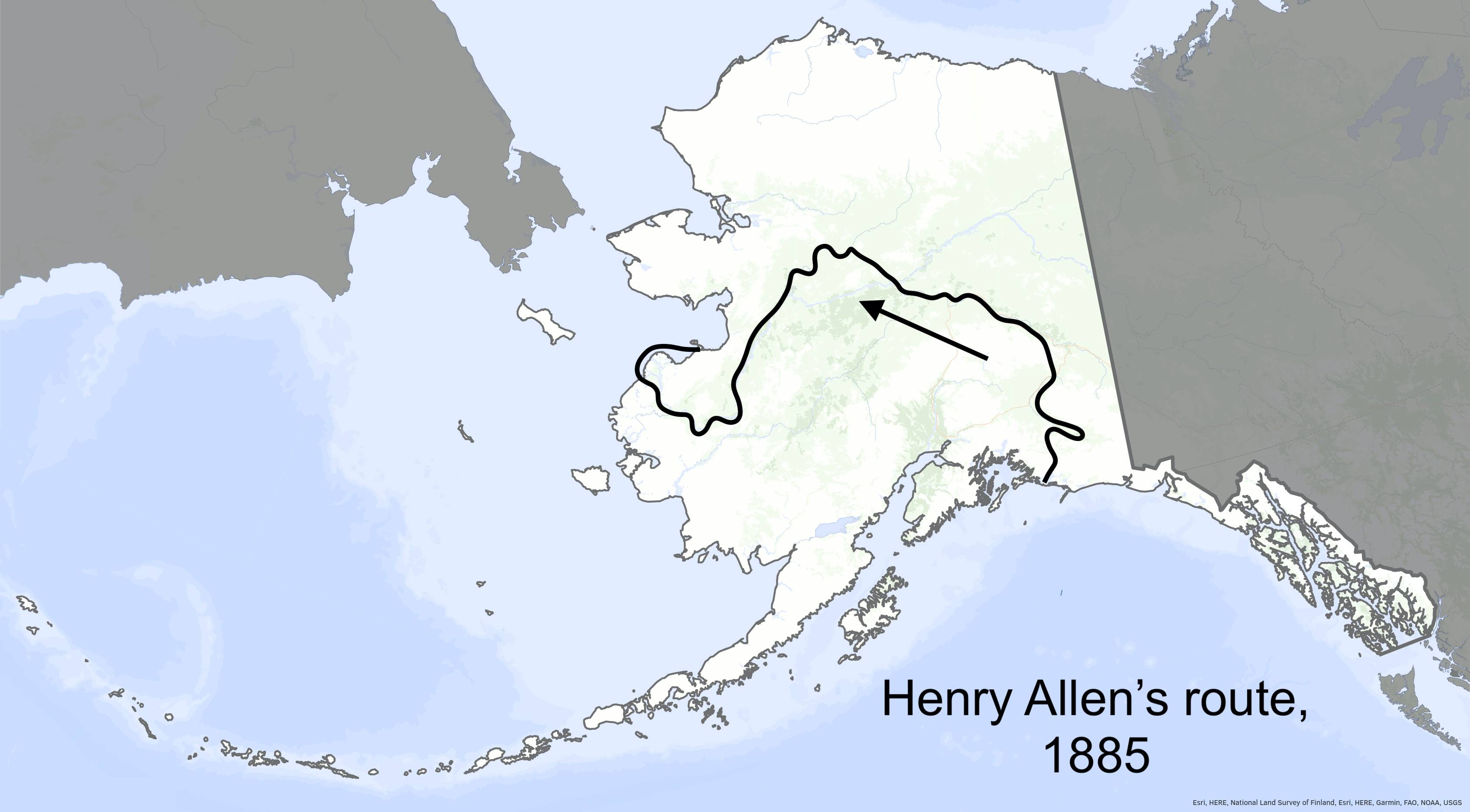 A map of Alaska shows Lt. Henry Allen's exploration route from the southern coast northward into the Cooper, Tanana and Koyukuk rivers and then southward and westward along the Yukon River.