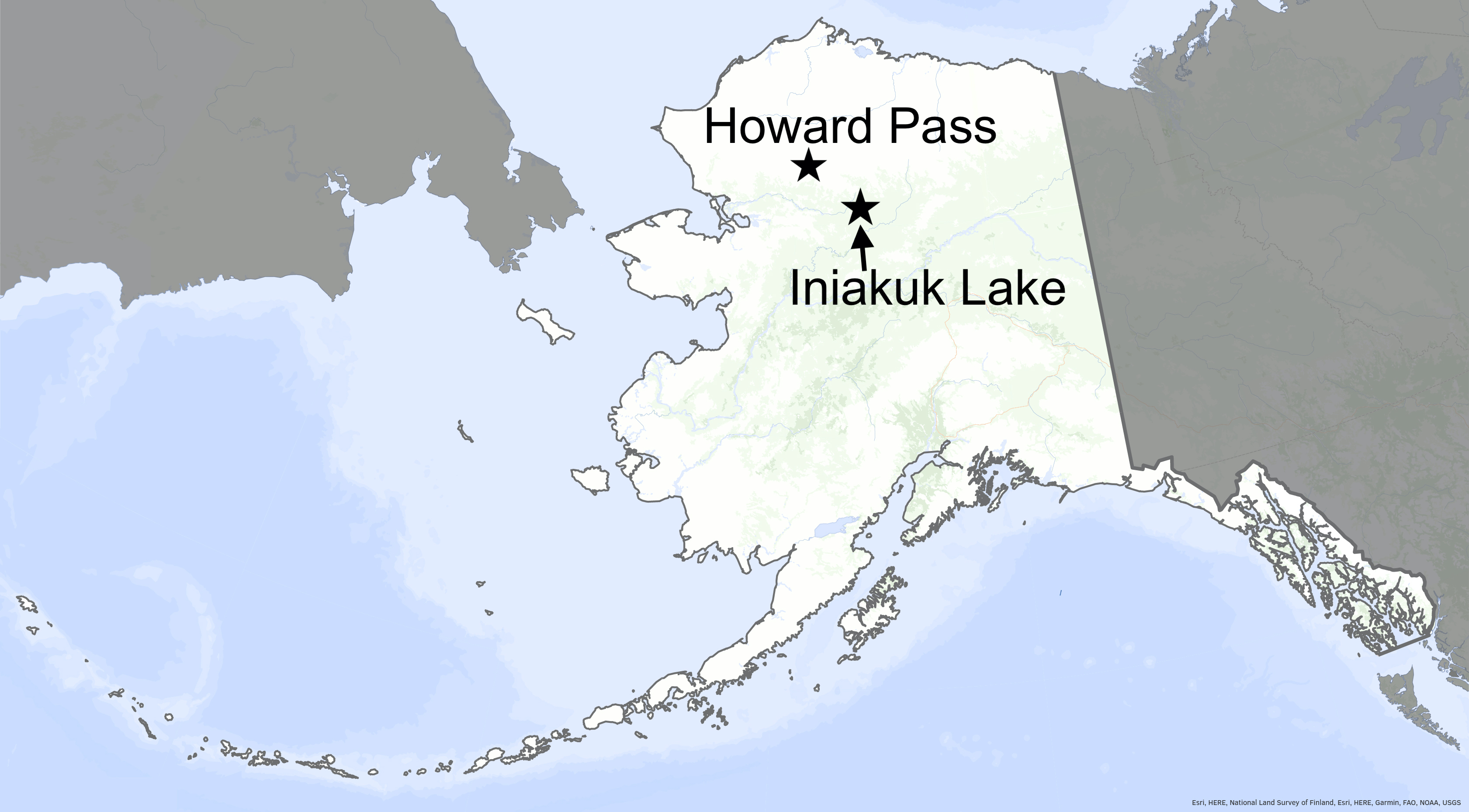 Stars on a map of Alaska show the locations of Howard Pass and Iniakuk Lake in the northcentral region.