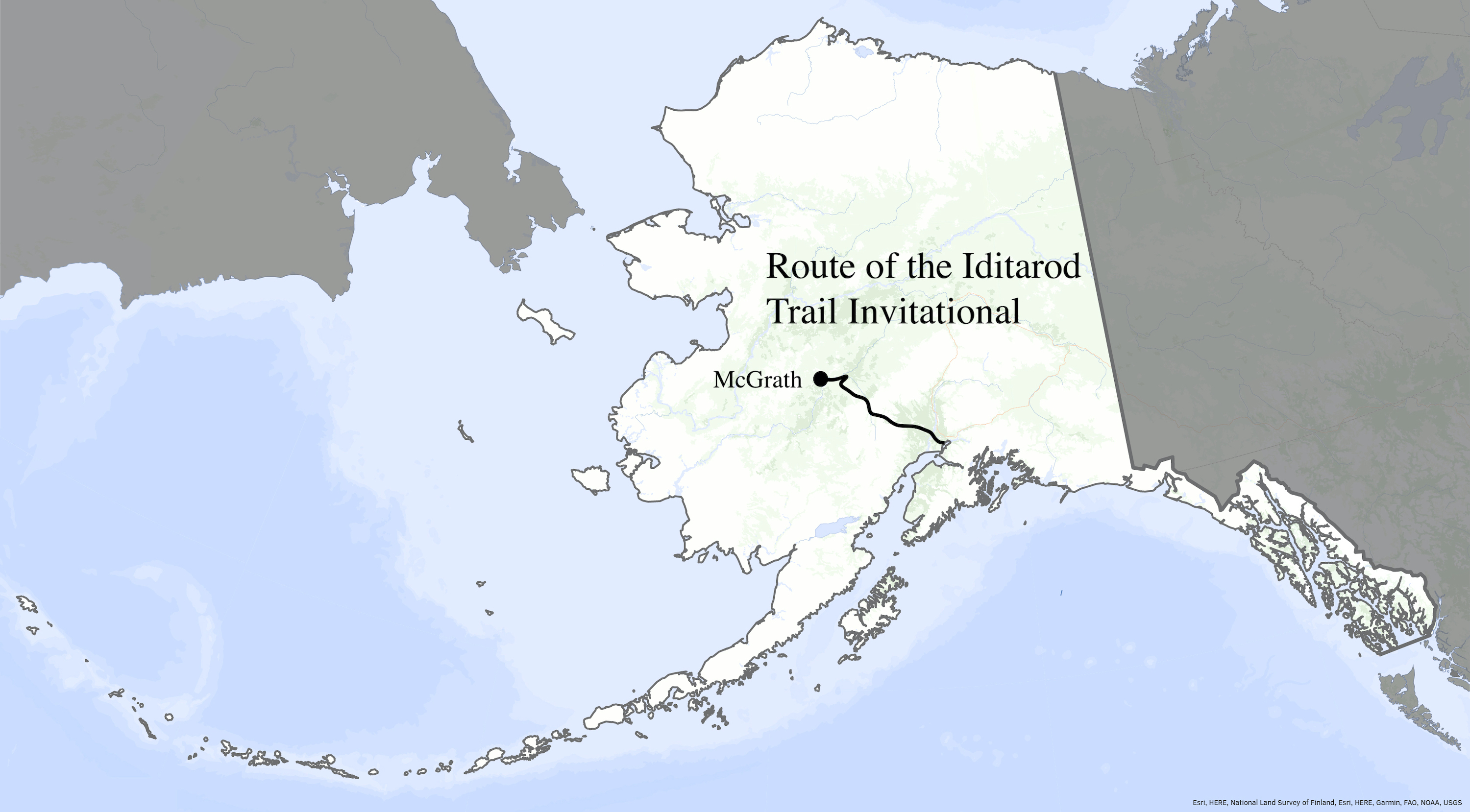 A map of Alaska features a line from Anchorage to McGrath describing the route of the Iditarod Trail Invitational race.