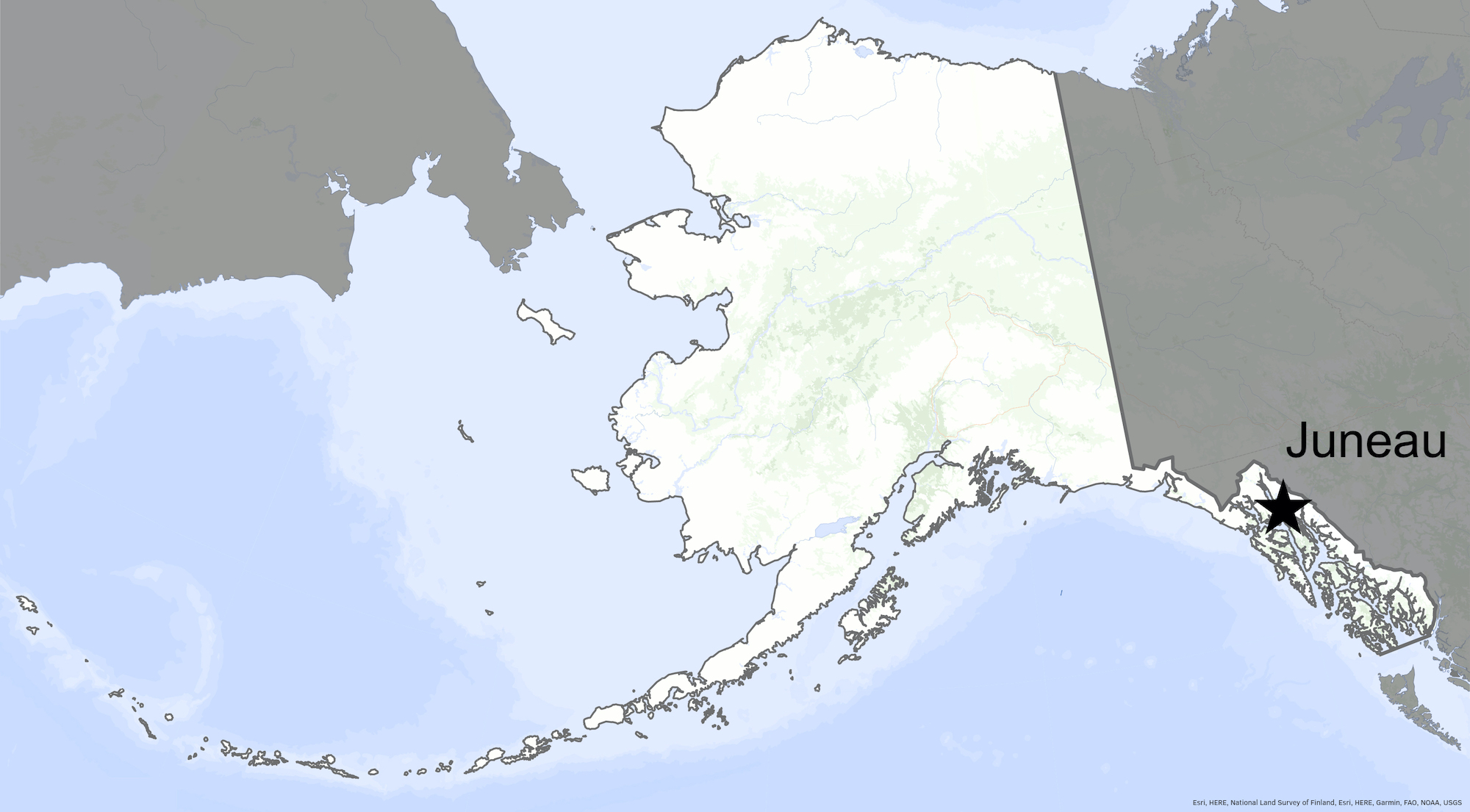 A map locates Juneau in Alaska's southeastern "panhandle."