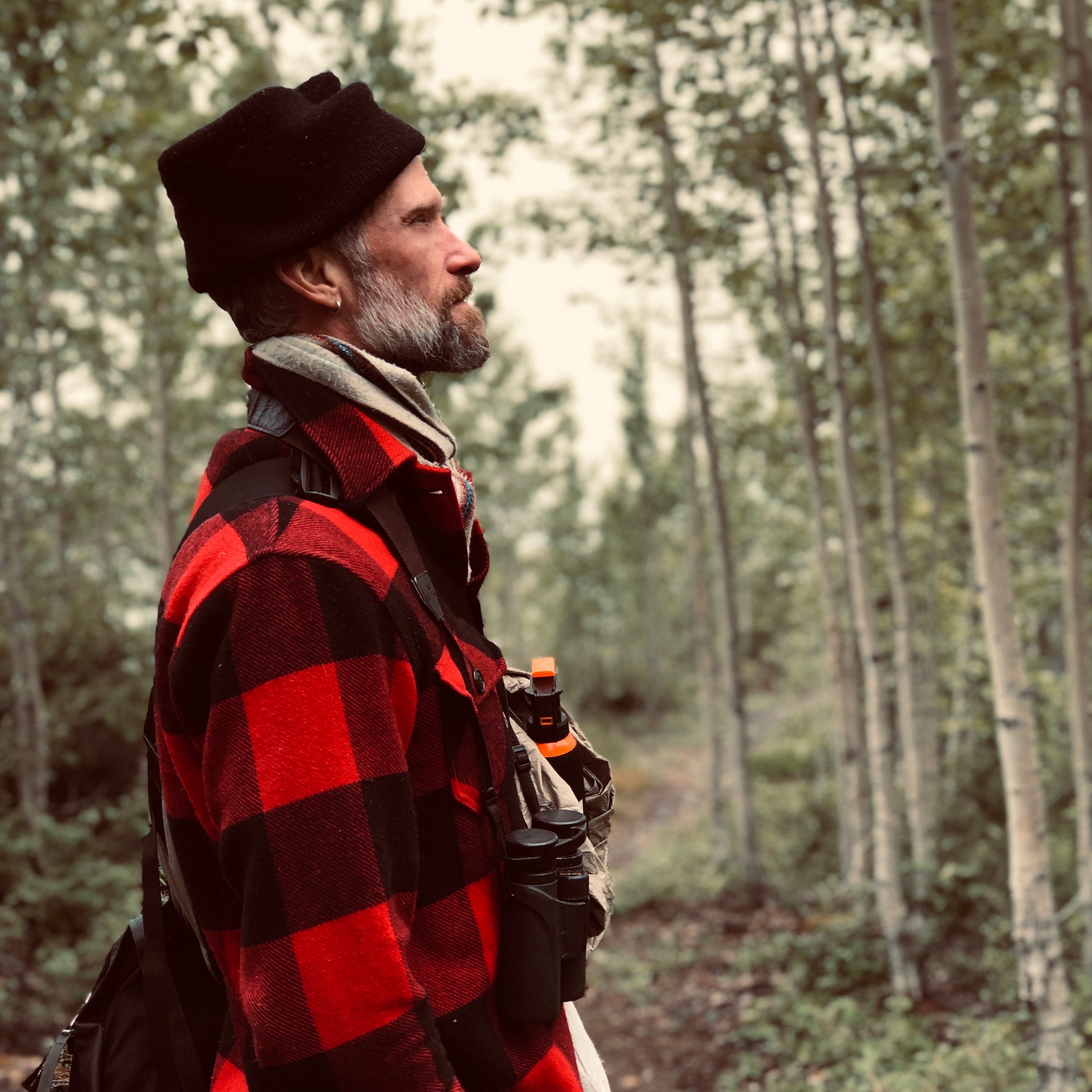 Man in a plaid jacket staring into the woods