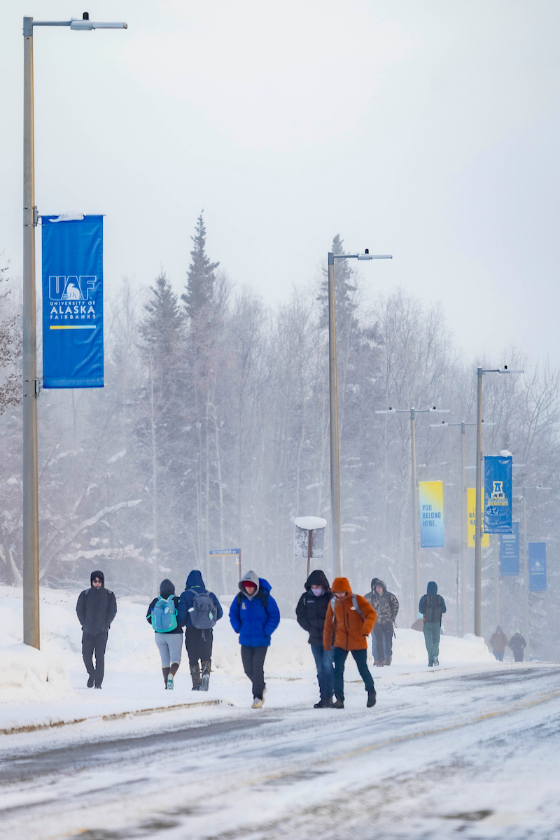 Students walk to and from class in negative temperatures on the Troth Yeddha' Campus on Jan. 26, 2024.