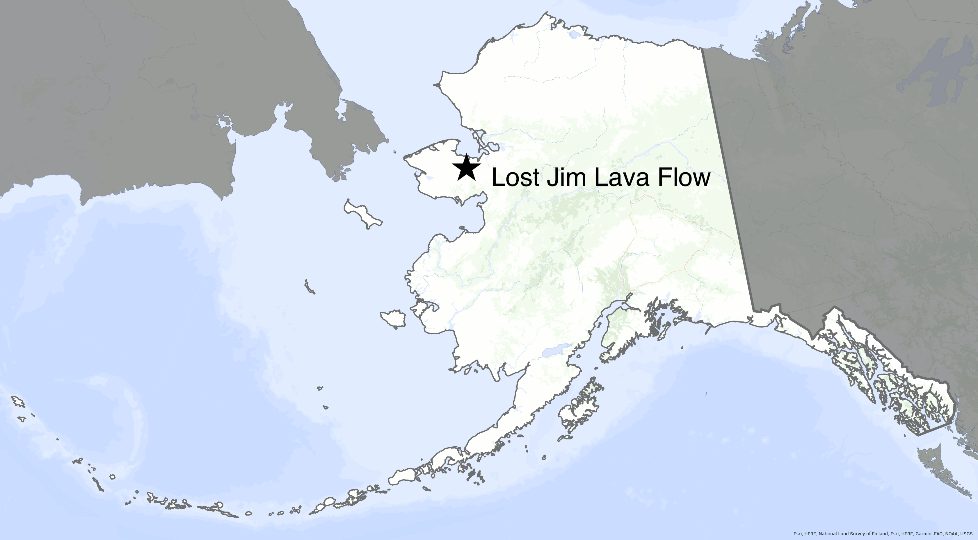 A star on the Seward Peninsula on a map of Alaska marks the location of the Lost Jim Lava Flow.