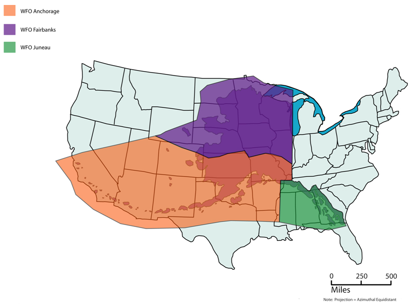 A map of Alaska and its weather forecasting regions is superimposed on a map of the contiguous United States.