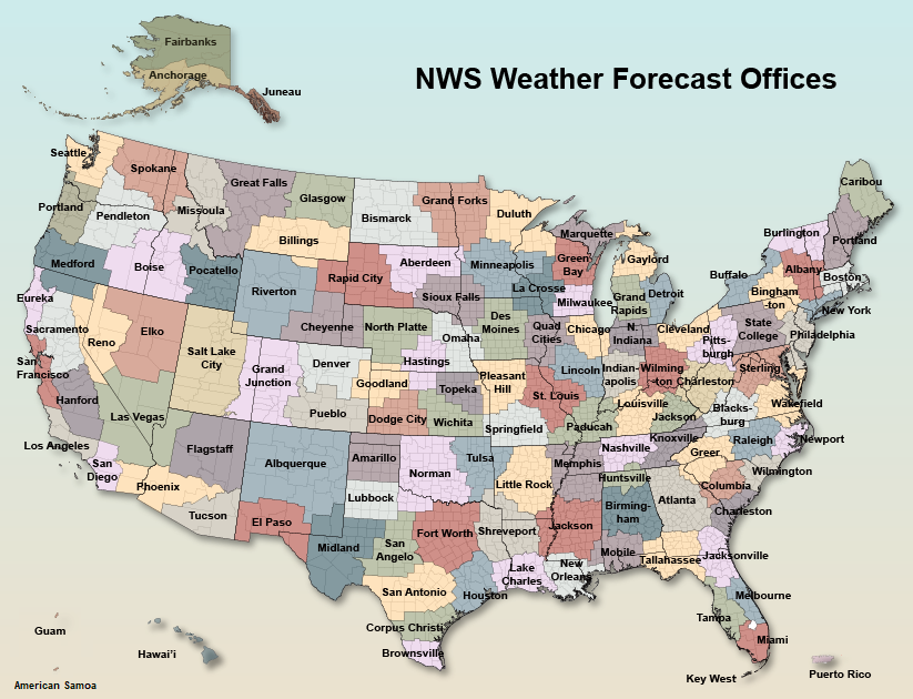 A map of the United States shows weather forecasting office regions.