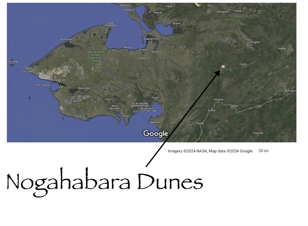A satellite image shows the location of the Nogahabara Dunes in northwestern Alaska.