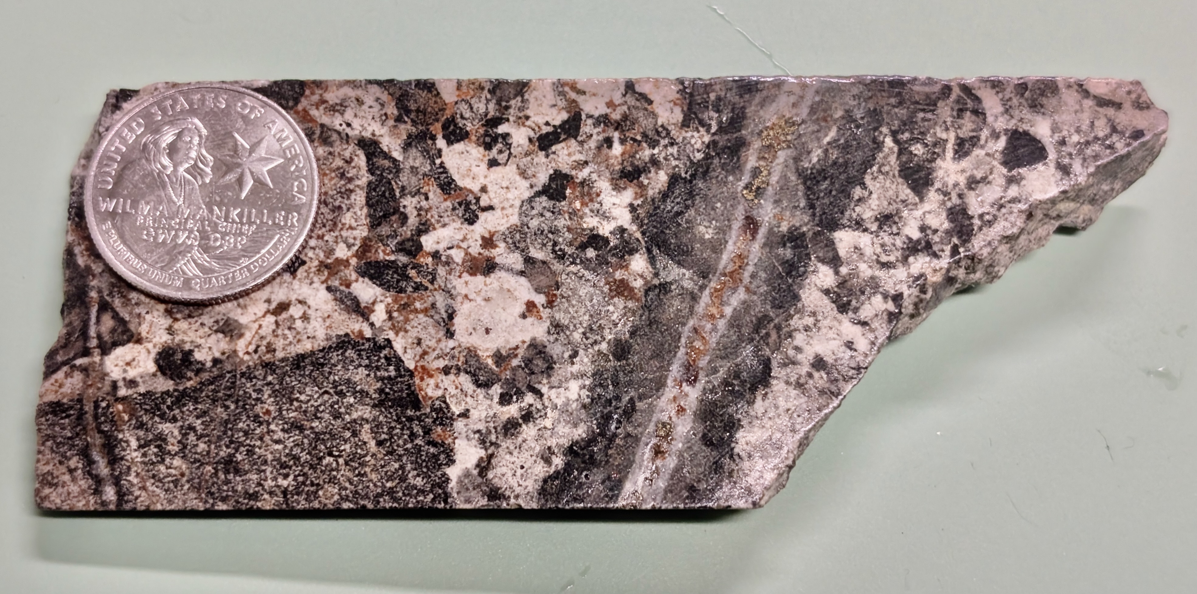 This sample of porphyry from UAF’s teaching collection contains copper, molybdenum and gold.