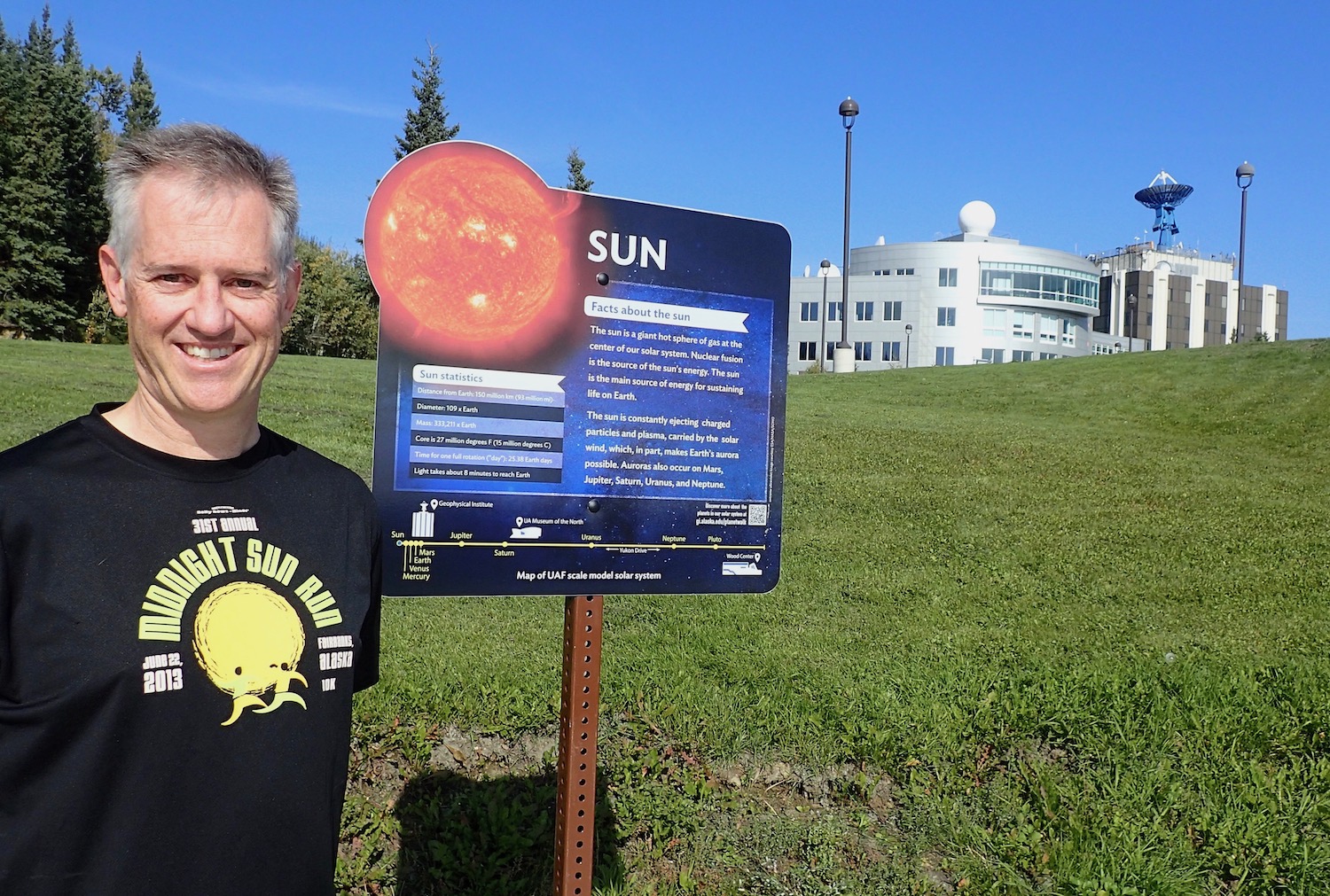 A man stands by a sign describing the sun. In the background is a green grassy field, a set of multistory buildings and blue sky.