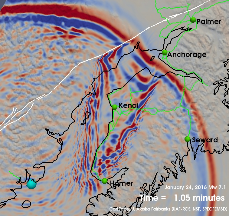A map of Southcentral Alaska reveals seismic waves as multicolored stripes.