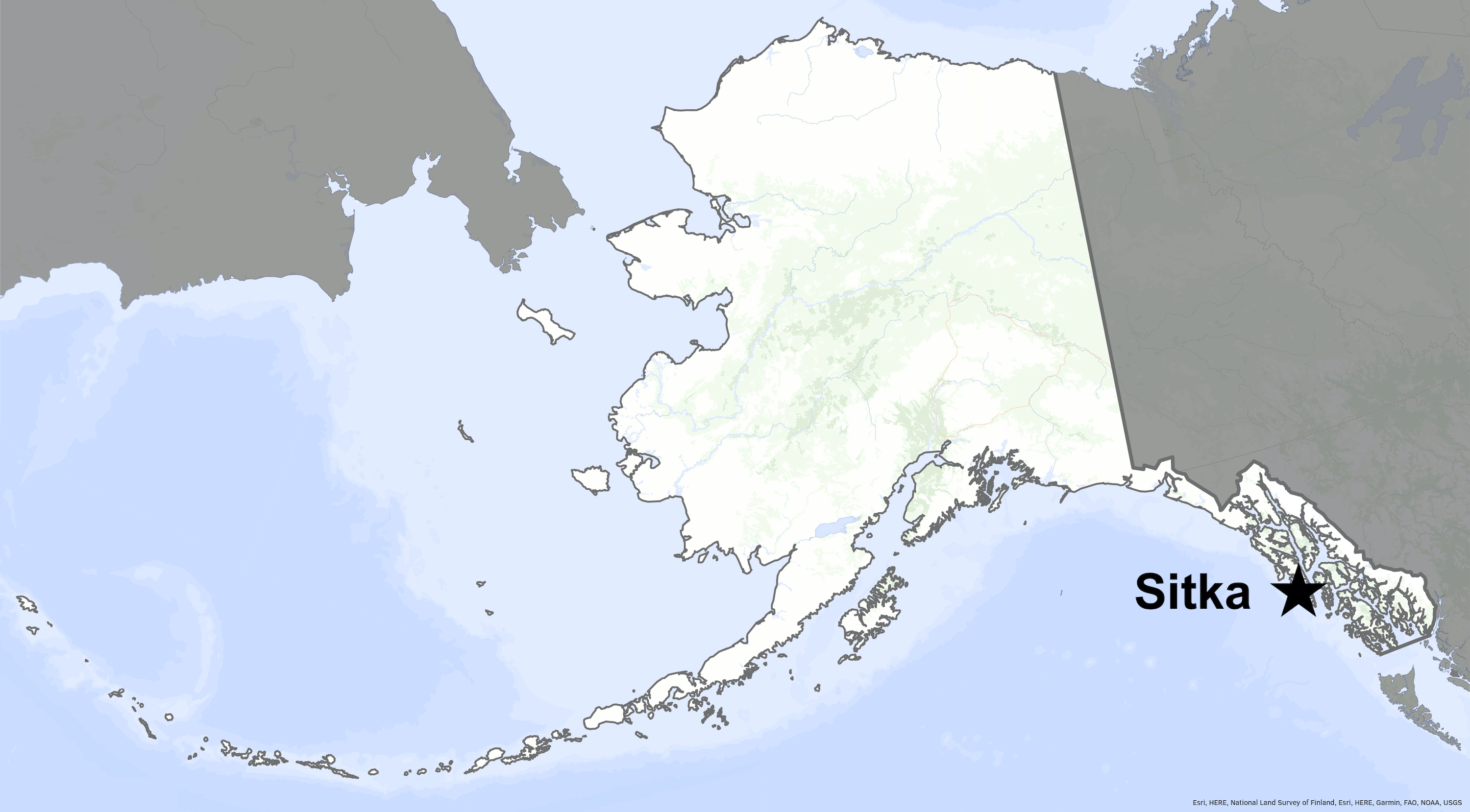 A star on a map shows the location of Sitka in Southeast Alaska.
