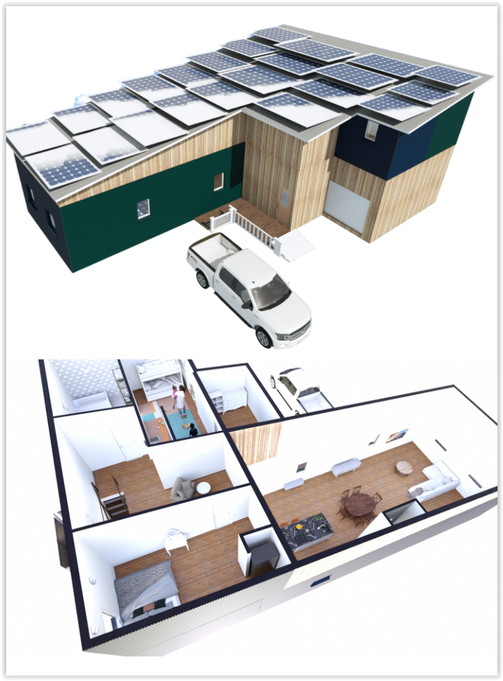 A graphic illustration shows Team Asriavik's entry in the Solar Decathlon Challenge.
