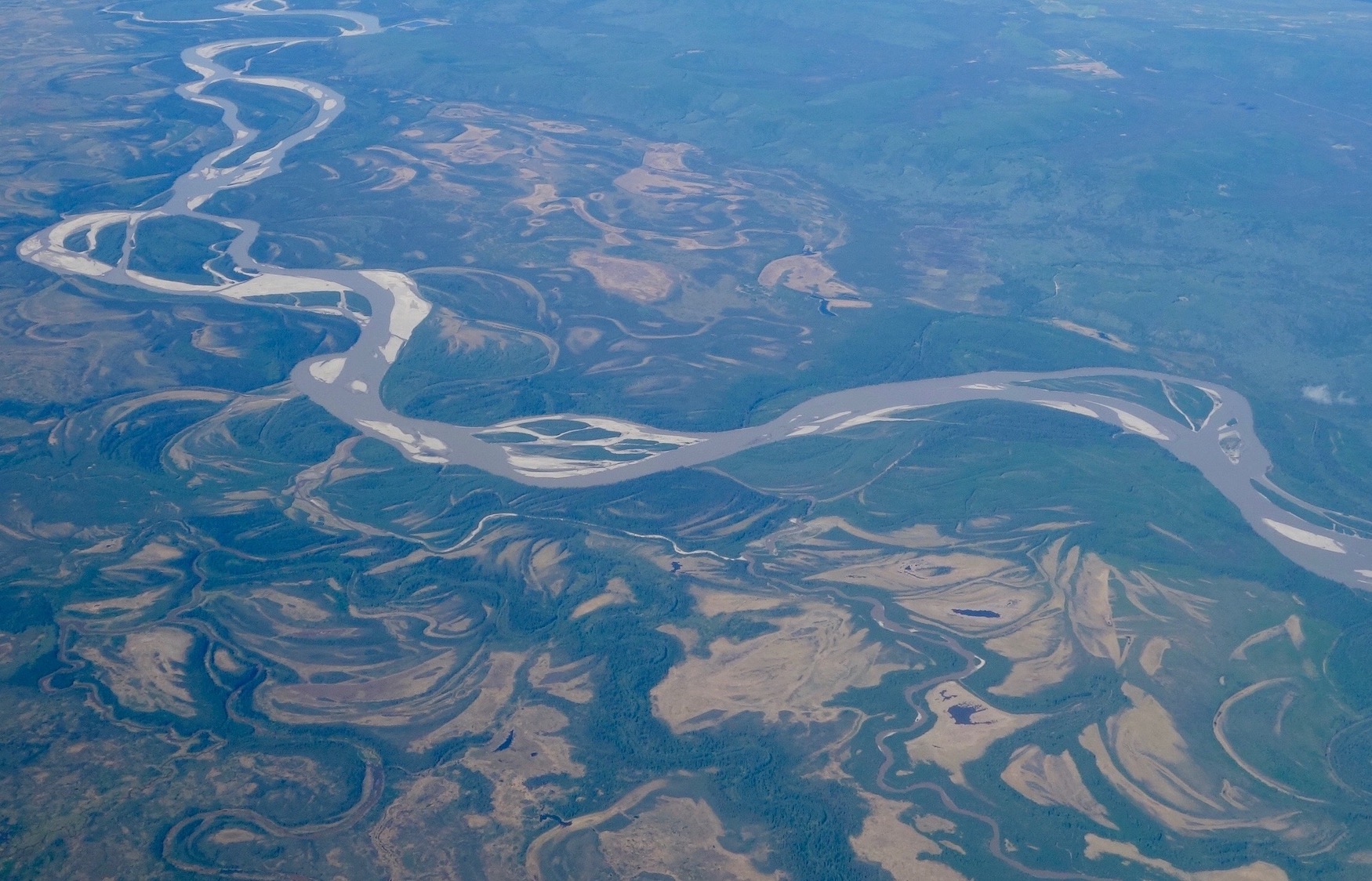 Photographed from an aircraft at an elevation of several thousand feet, a braided river with numerous gray sand islands and bars winds through a flatland. Surrounding the river are green forests of spruce and deciduous trees, as well as marshes and old oxbow river bends filled with yellowing grasses. 