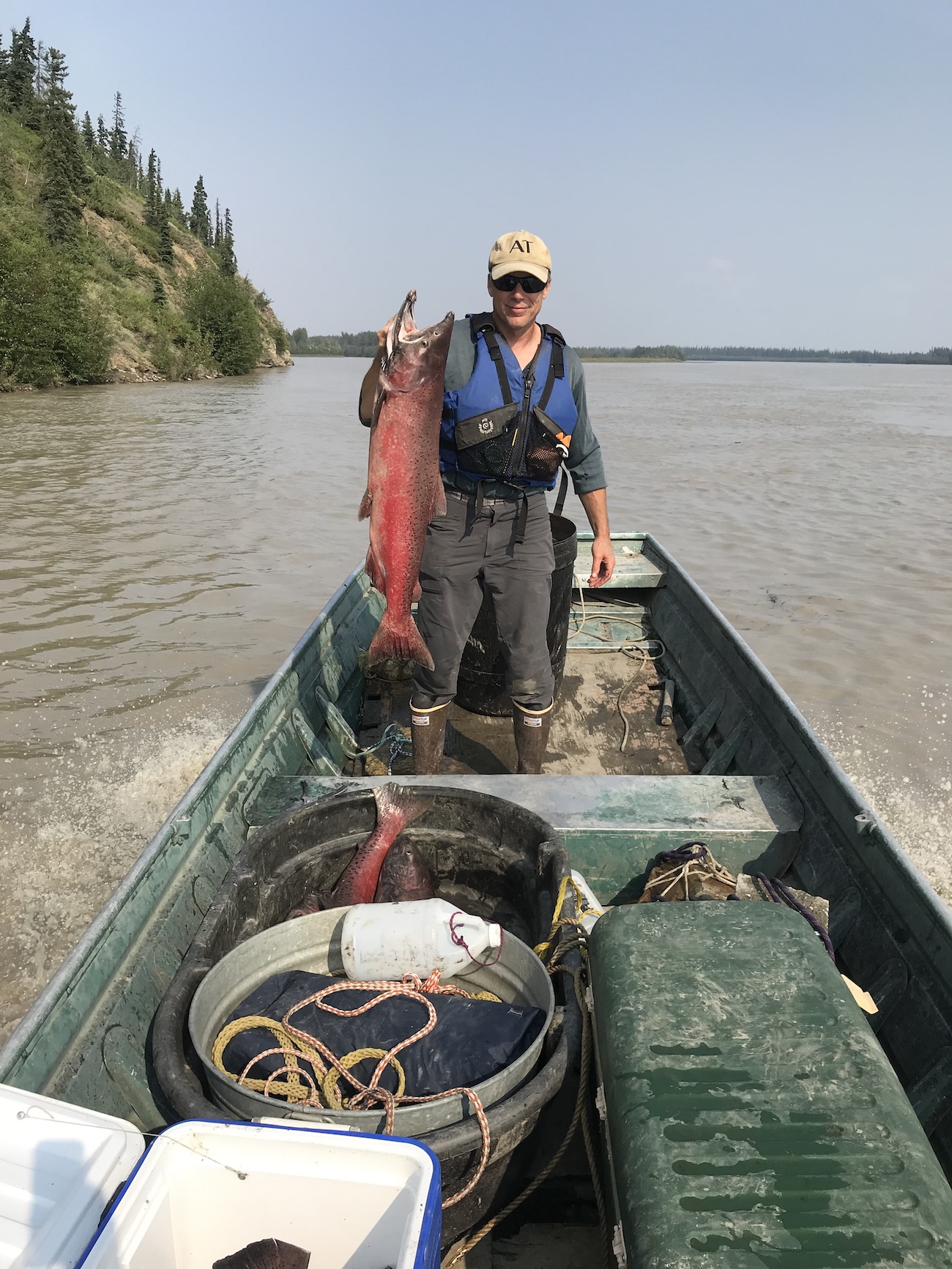 A man stands in a flat-bottomed boat full of coolers and tubs while holding up a red-colored salmon with one hand. The boat is traveling on a silty river, with a spruce-covered bluff and a low shoreline in the background, on a sunny day.