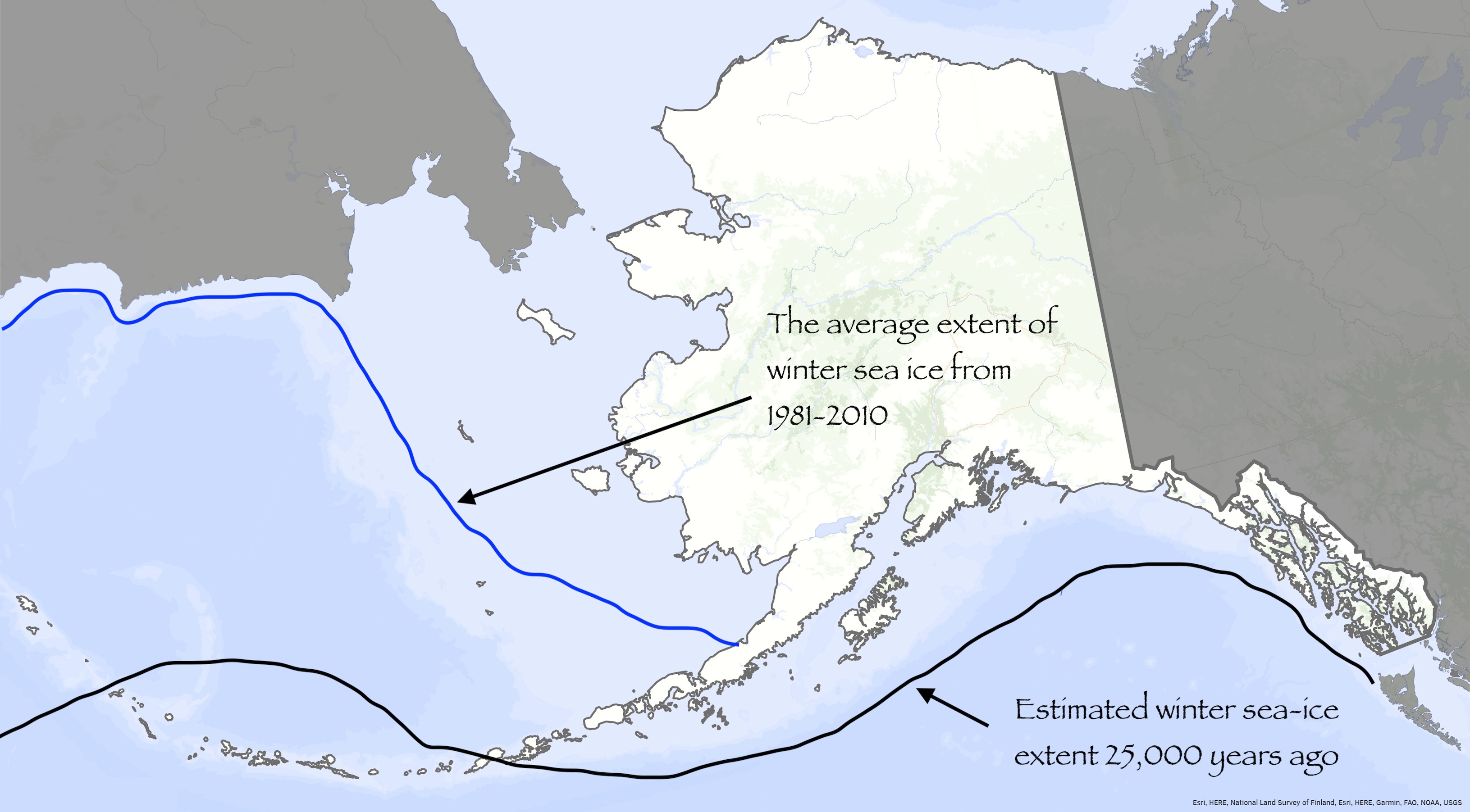 A map of Alaska and surrounding oceans features a line in the Bering Sea showing the average southernmost extent of winter sea ice from 1981-2020 and another line in the Gulf of Alaska showing the estimated extent 25,000 years ago.