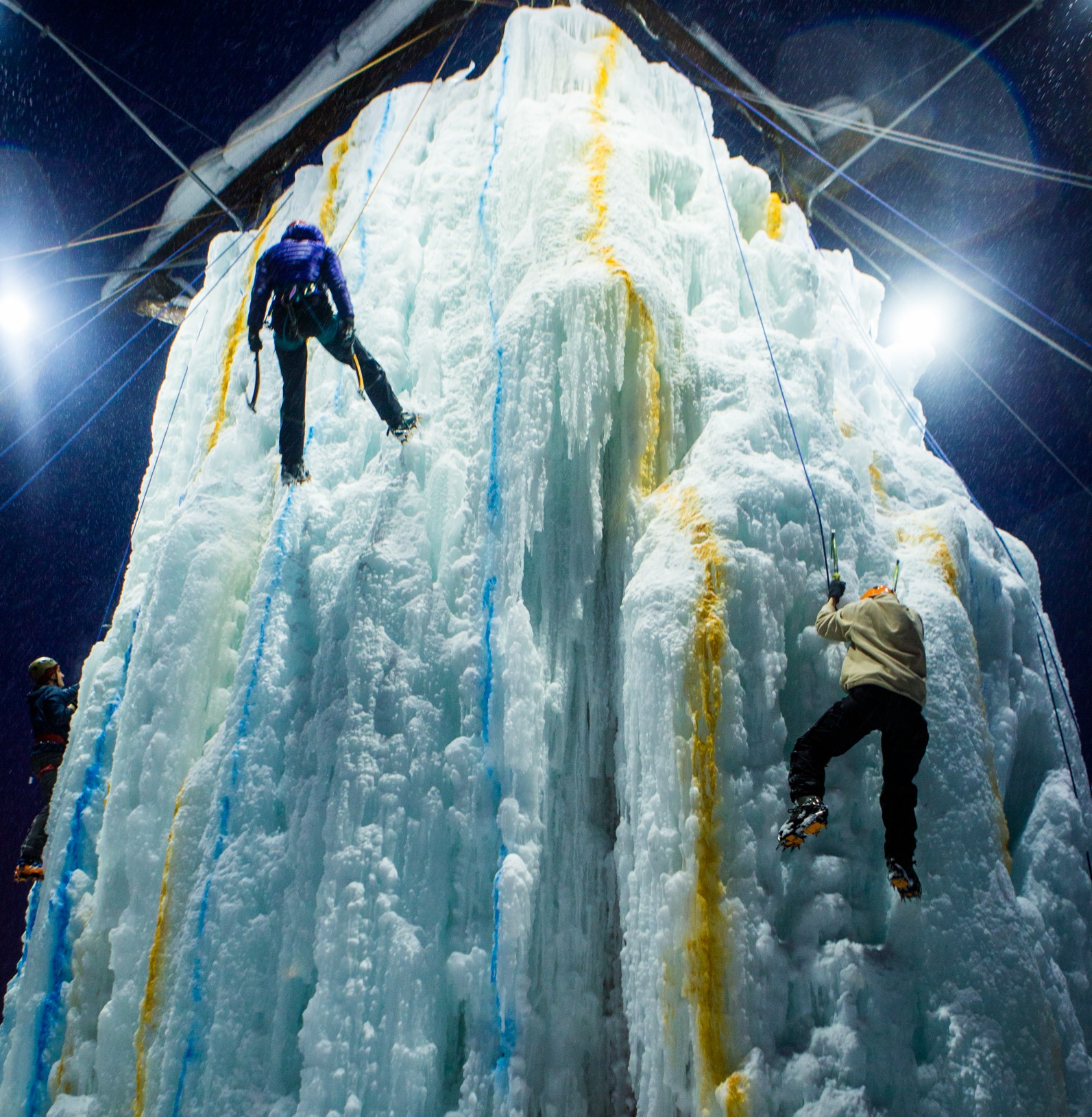 Students climb on the UAF ice tower.