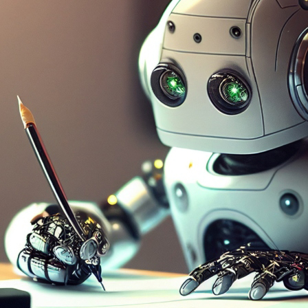 Graphic designed image of a robot with a pencil and paper writing at a desk