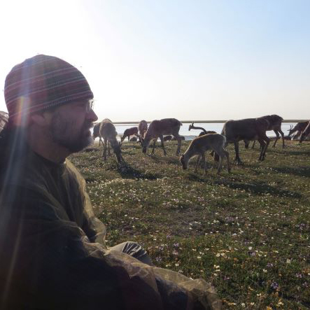 Photo of Alex Pritchard observing a herd of caribou in the Alaskan tundra.