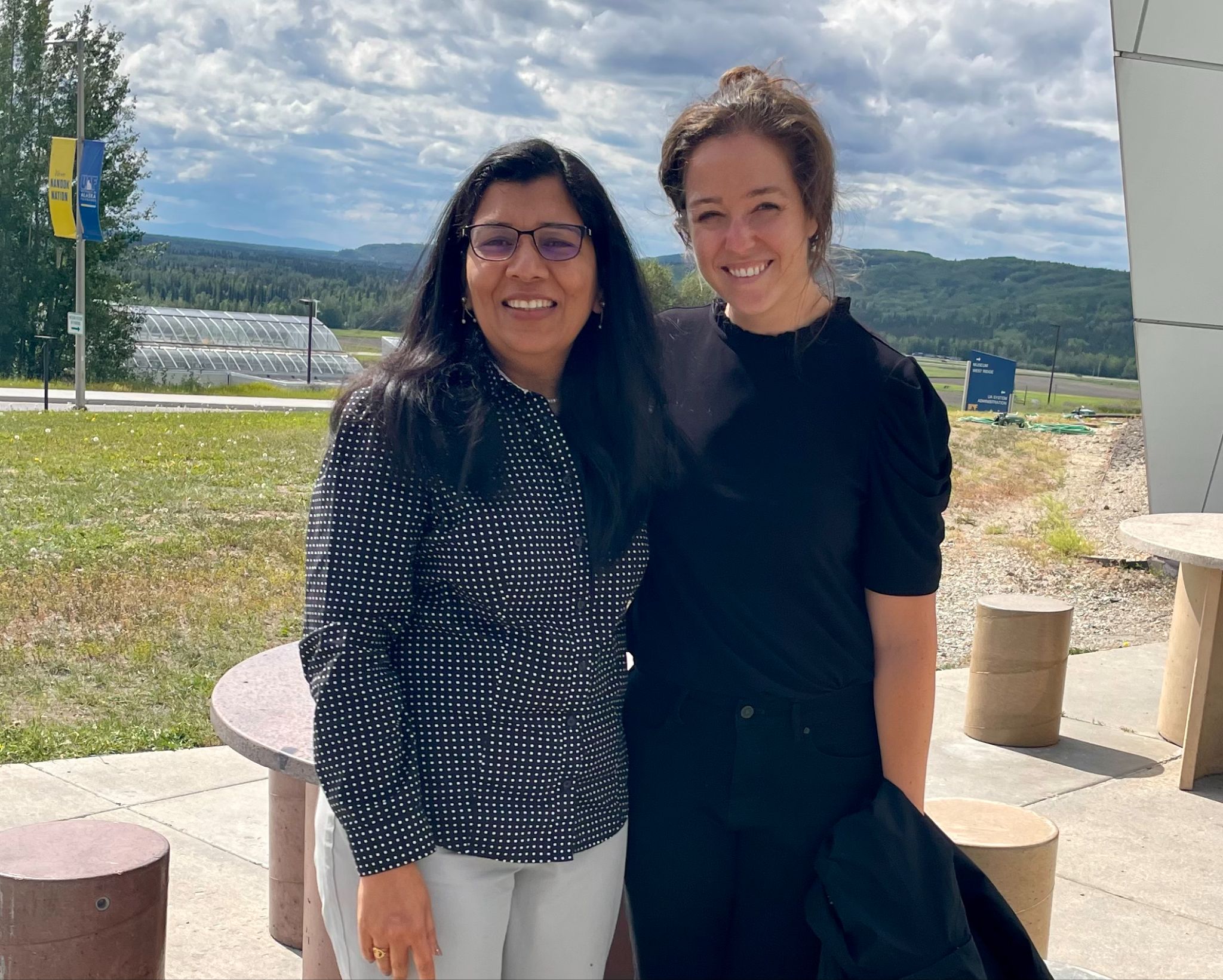 UAF provost and executive vice chancellor, Anupma Prakash (left), and deputy executive director for the Carnegie Classifications, Sara Gast (right) in front of the UA Museum of the North.