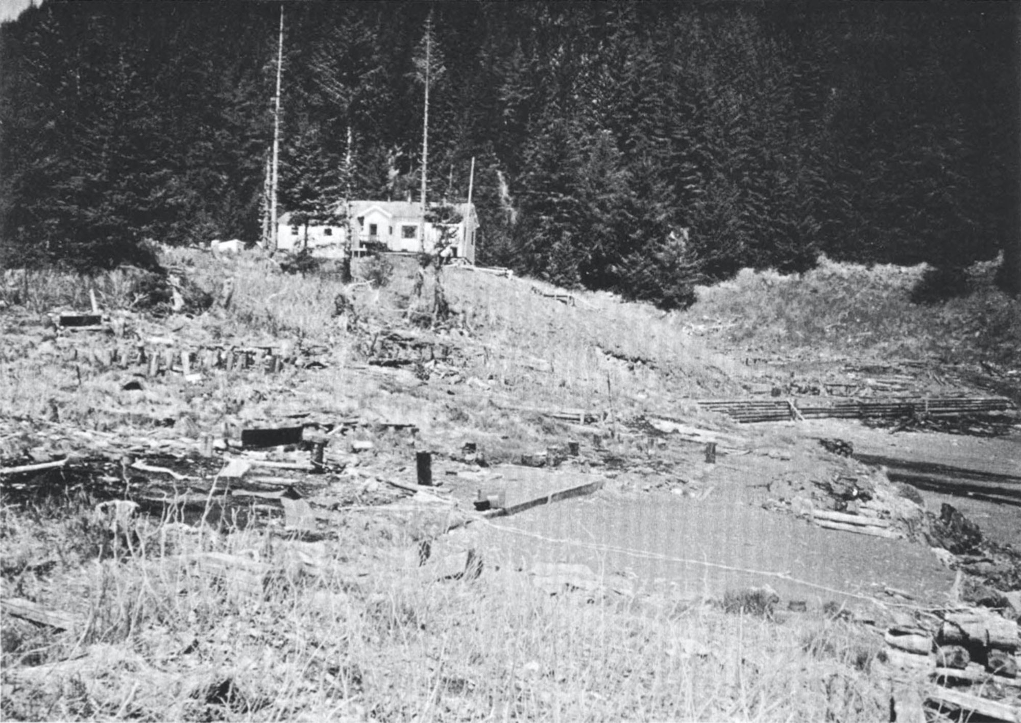 A white building on a hill is outlined against a background of evergreen trees. In the foreground, an open area is jumbled with debris. 