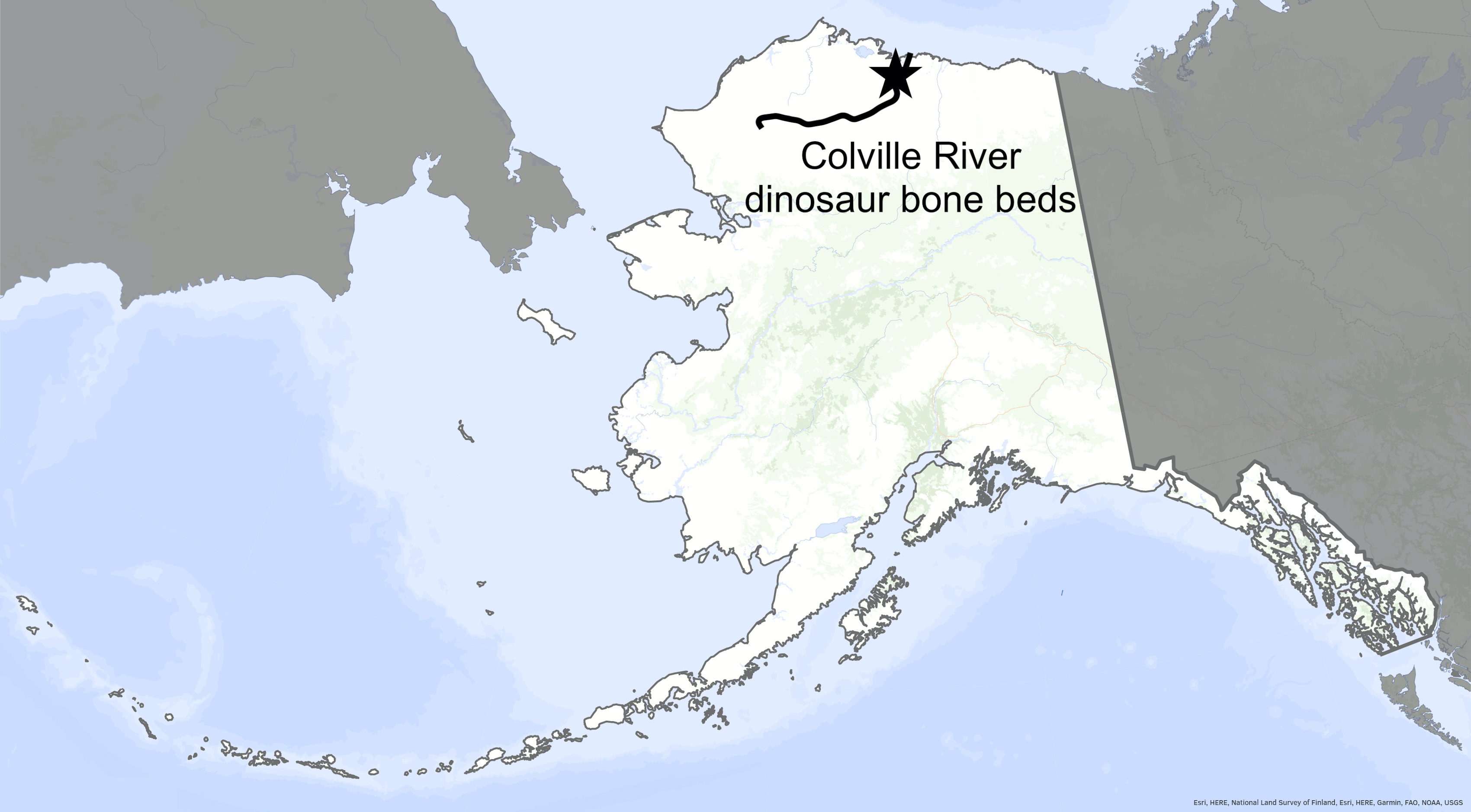 A map locates the dinosaur bone beds along the Colville River in northern Alaska.