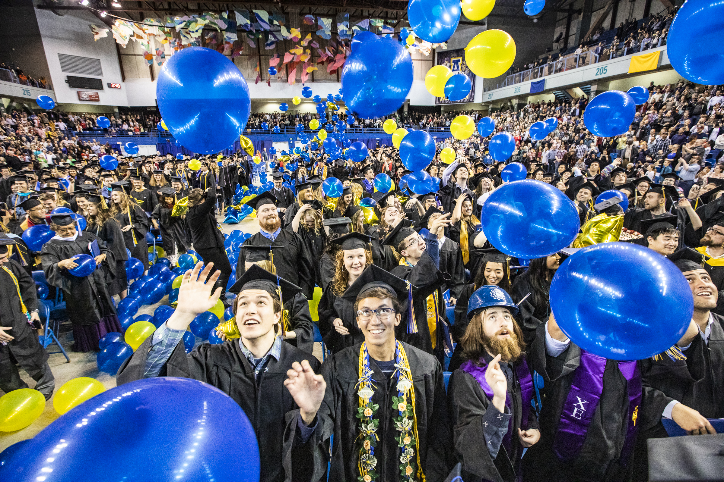 blue and gold balloons dropping on a gathering of college graduates in academic gowns and mortarboards 